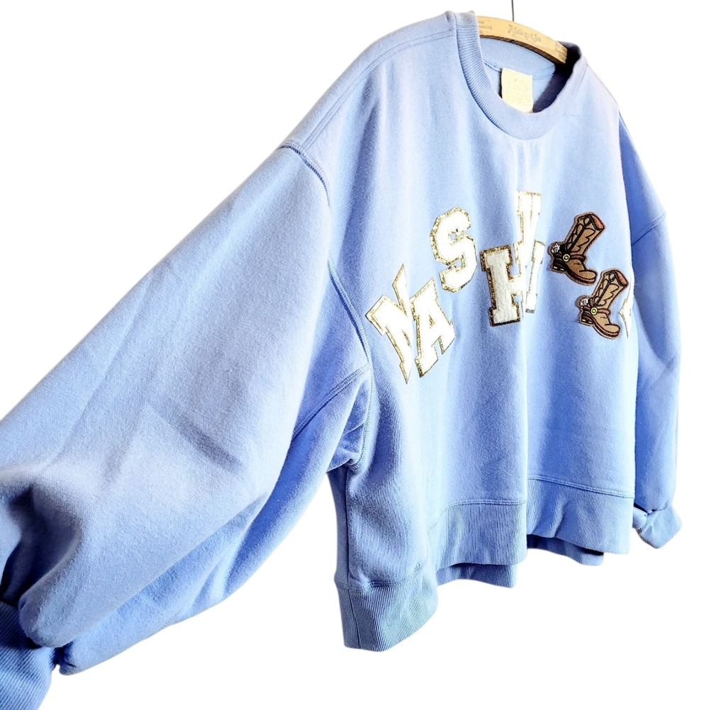 JUDITH MARCH Nashville TN Glitter Patch Cropped Balloon Sleeve Sweatshirt Small - Picture 3 of 9